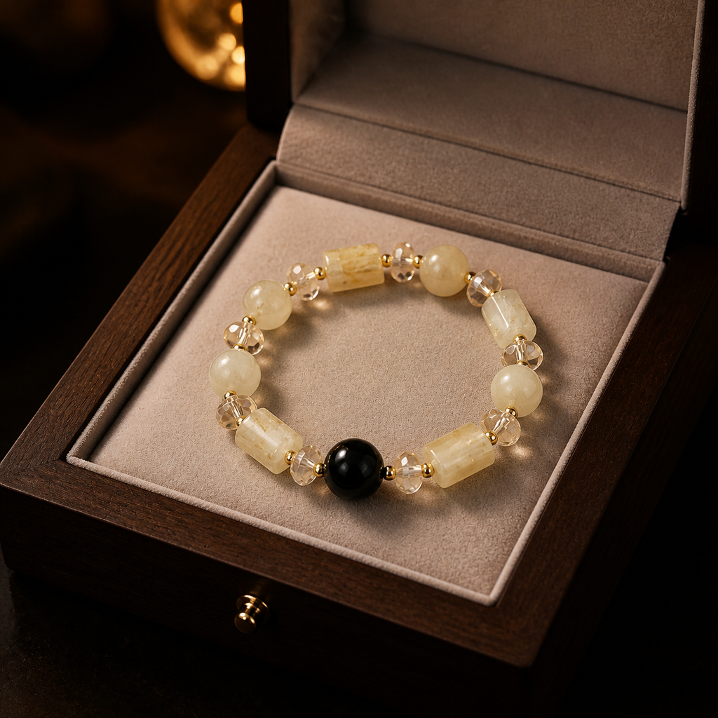Genuine Natural Citrine & Obsidian Beaded Stretch Bracelet, Hand‑Crafted Mixed Natural Gemstone | Made To Order