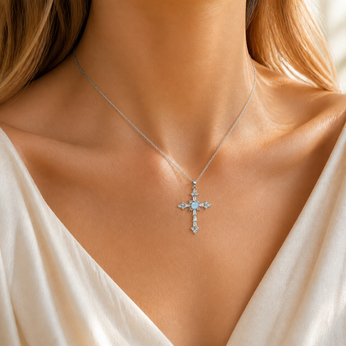 Natural Aquamarine Cross Pendant Necklace, Silver‑Plated Copper, Unisex Designer Handmade Fashion Gemstone Jewelry, Made To Order