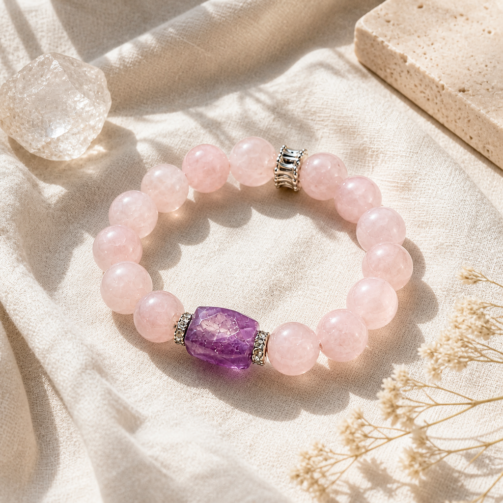 Genuine Natural Rose Quartz & Amethyst Beaded Stretch Bracelet, Hand‑Crafted Mixed Natural Gemstone | Made To Order