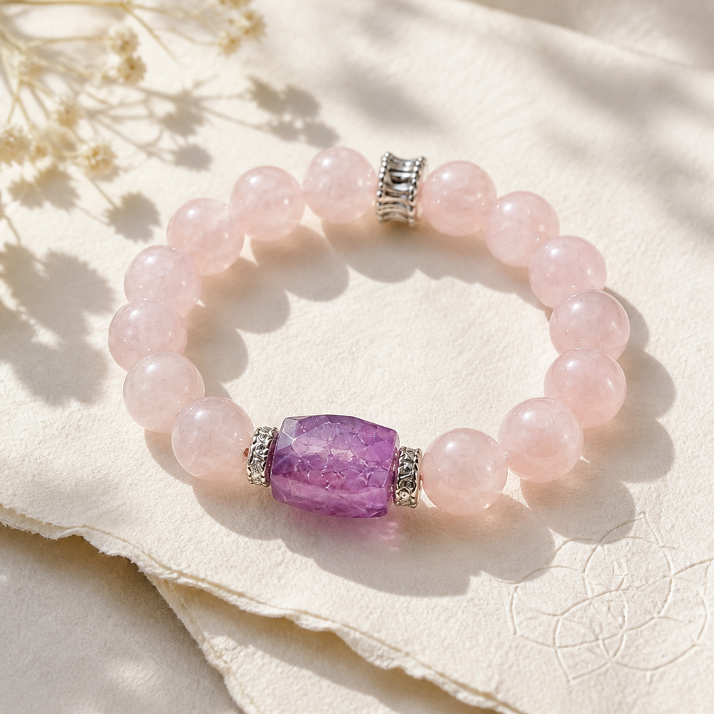 Genuine Natural Rose Quartz & Amethyst Beaded Stretch Bracelet, Hand‑Crafted Mixed Natural Gemstone | Made To Order