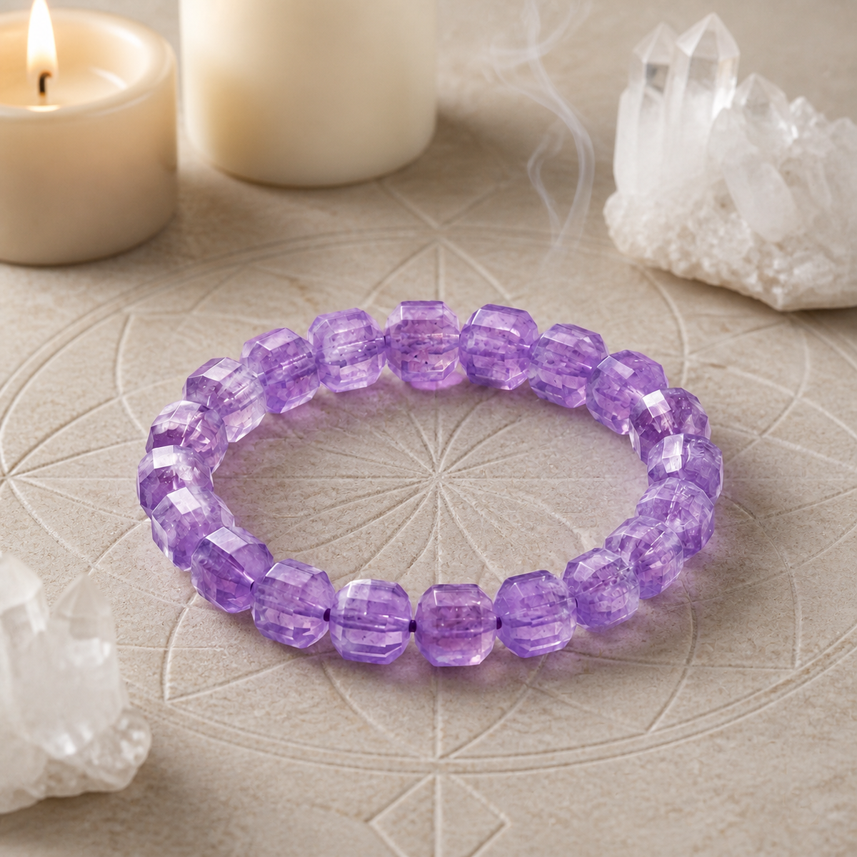 Natural Amethyst Square Cube Beaded Stretch Bracelet | Made to Order
