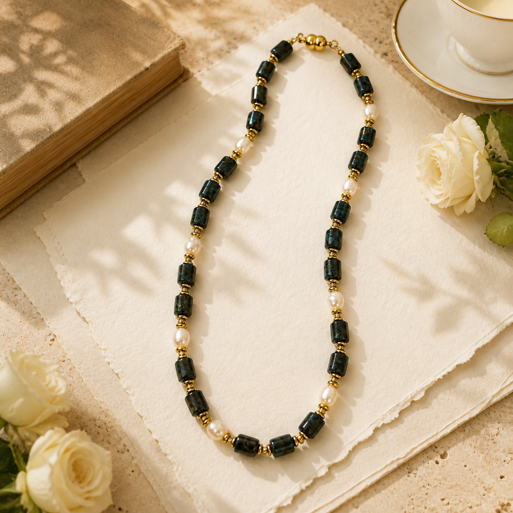 Handmade Natural Turquoise Agate & Pearl Beaded Necklace, Unisex | Made‑to‑Order