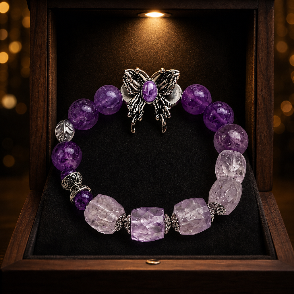 Genuine Amethyst Purple Butterfly Beaded Stretch Bracelet, Hand‑Crafted Clear Quartz Mixed Gemstone | Made To Order