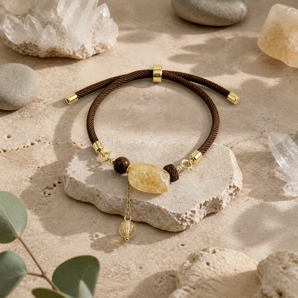 Genuine Raw Citrine Charm Cord Bracelet, Hand‑Tied Rough Natural Gemstone | Made To Order