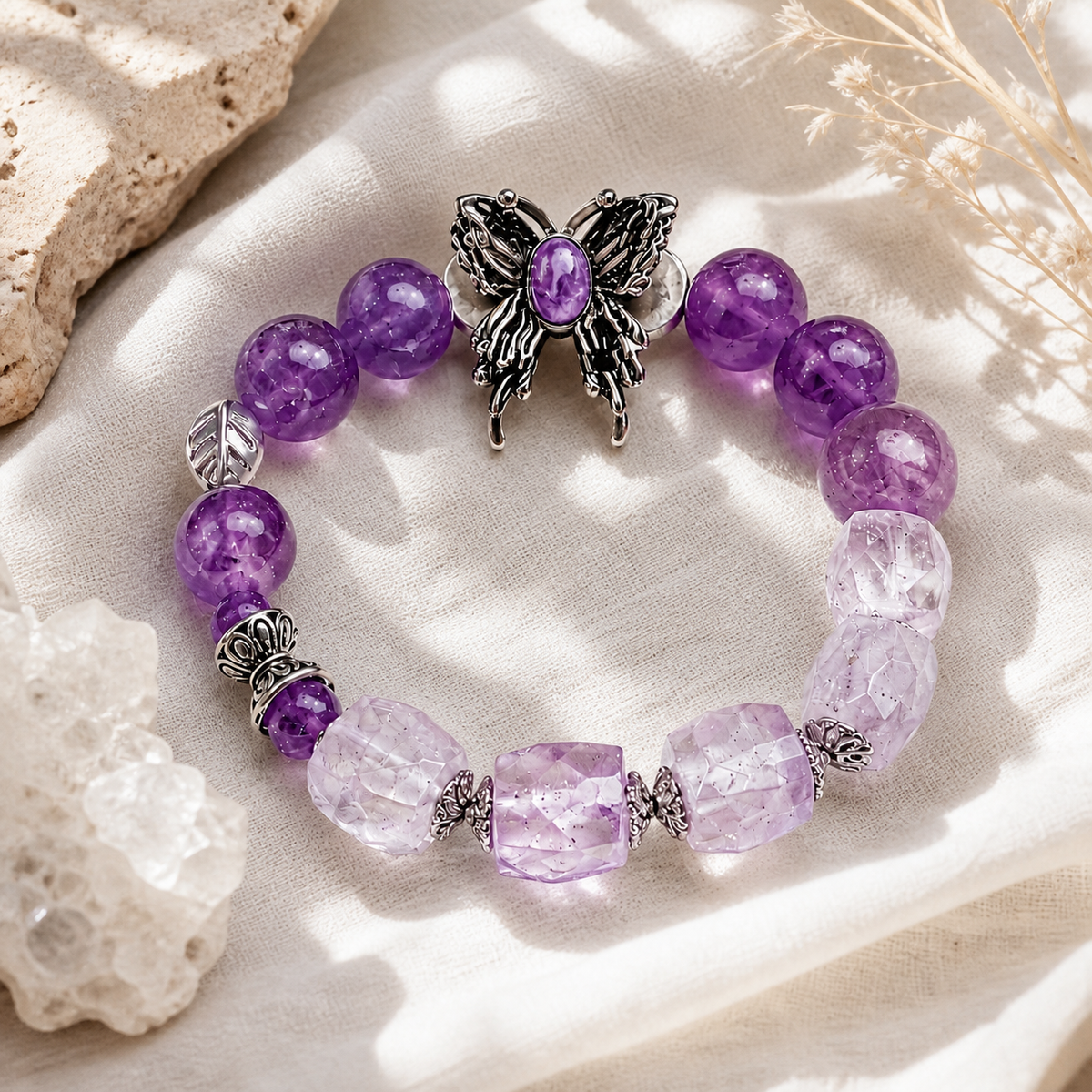Genuine Amethyst Purple Butterfly Beaded Stretch Bracelet, Hand‑Crafted Clear Quartz Mixed Gemstone | Made To Order
