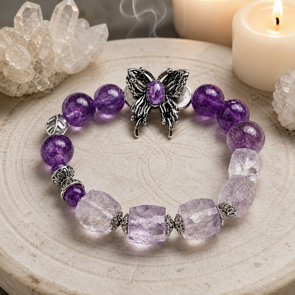 Genuine Amethyst Purple Butterfly Beaded Stretch Bracelet, Hand‑Crafted Clear Quartz Mixed Gemstone | Made To Order