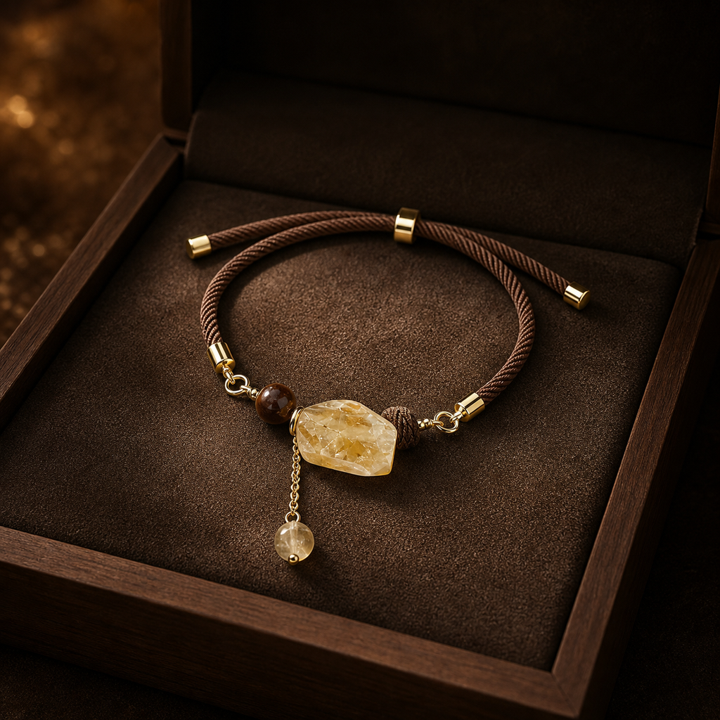 Genuine Raw Citrine Charm Cord Bracelet, Hand‑Tied Rough Natural Gemstone | Made To Order