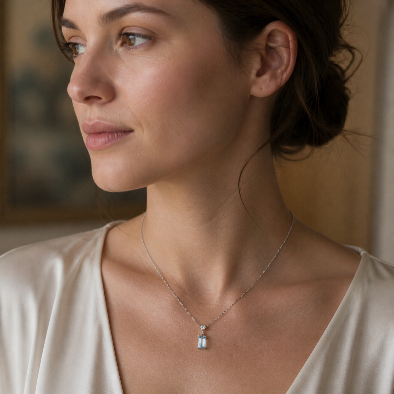 Natural Blue Topaz Geometric Halo Pendant Necklace – 925 Sterling Silver
