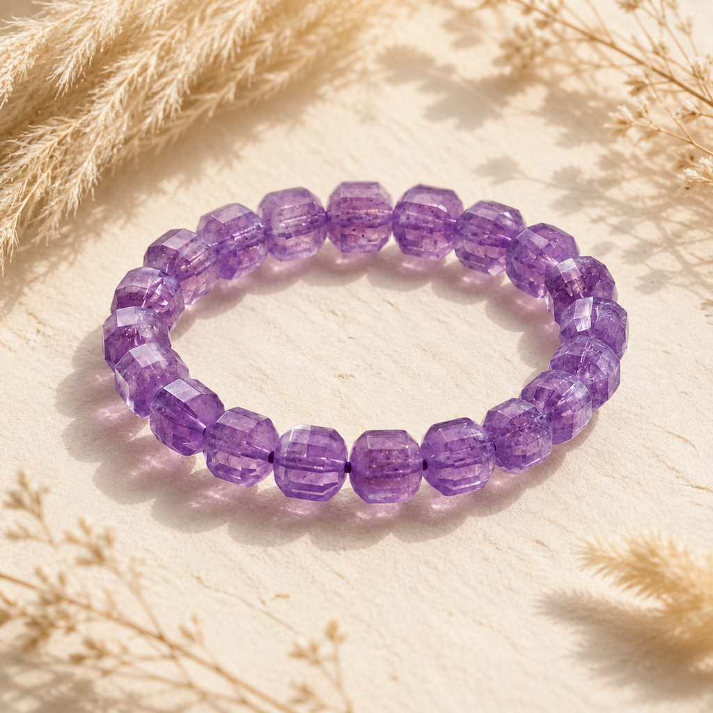 Natural Amethyst Square Cube Beaded Stretch Bracelet | Made to Order