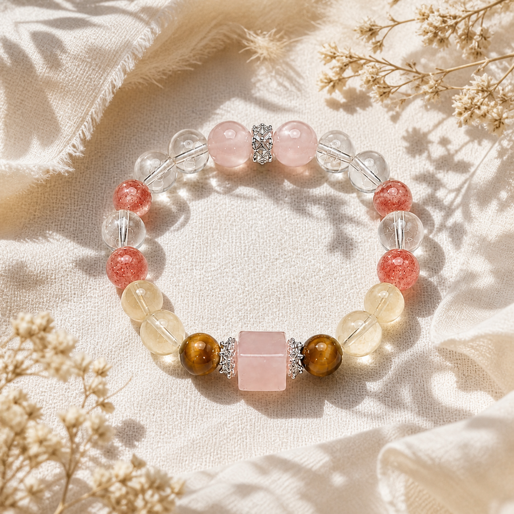 Natural Rose Quartz Cube Sugar Beaded Stretch Bracelet, Mixed Natural Gemstone | Made‑To‑Order Unisex Designer Bracelet