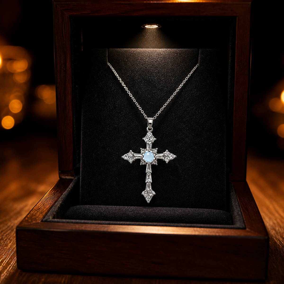 Natural Aquamarine Cross Pendant Necklace, Silver‑Plated Copper, Unisex Designer Handmade Fashion Gemstone Jewelry, Made To Order