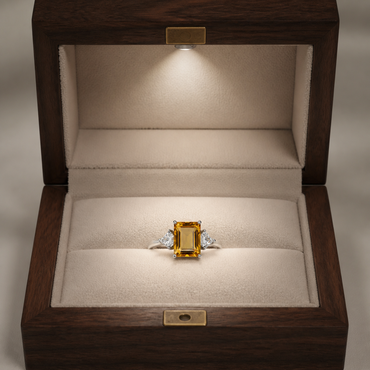Natural Brazilian Citrine Emerald-Cut Side-Stone Adjustable Ring – 925 Sterling Silver