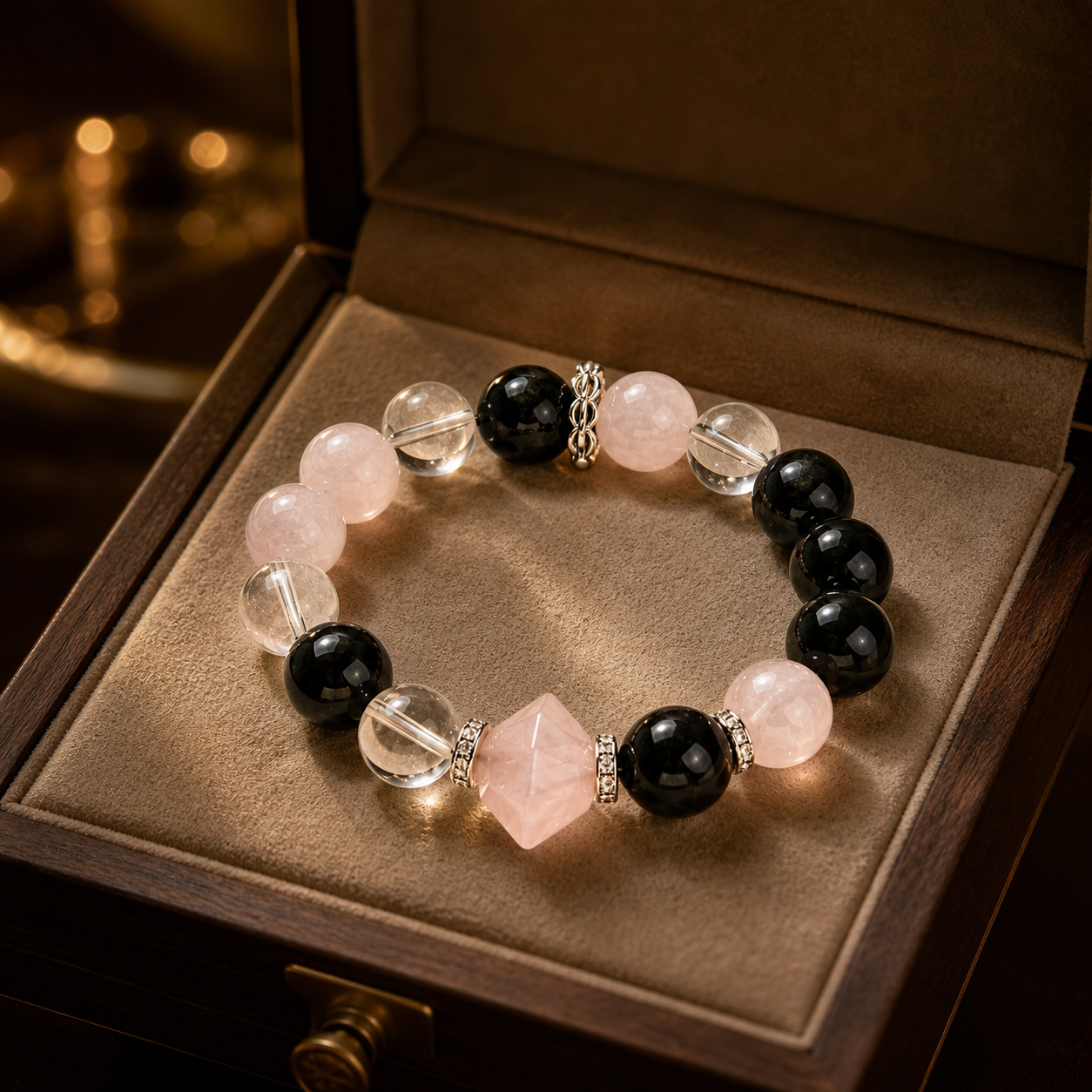 Natural Rose Quartz & Obsidian Beaded Stretch Bracelet  | Made to Order