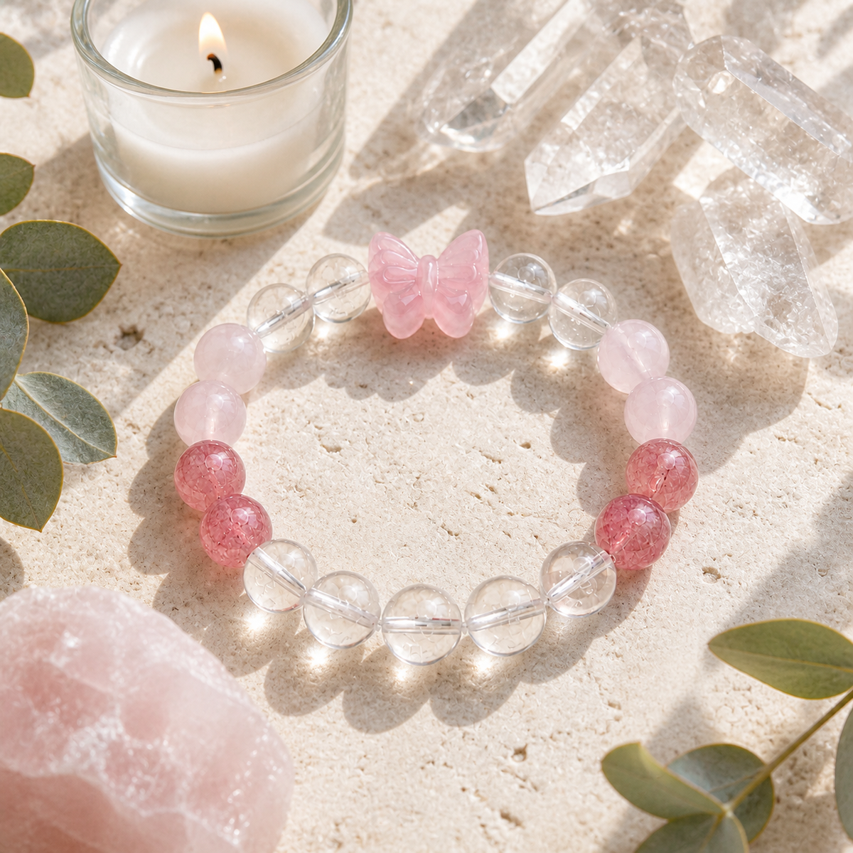 Genuine Rose Quartz Bow & Strawberry Quartz Beaded Stretch Bracelet, Hand‑Crafted Clear Quartz Mixed Gemstone | Made To Order