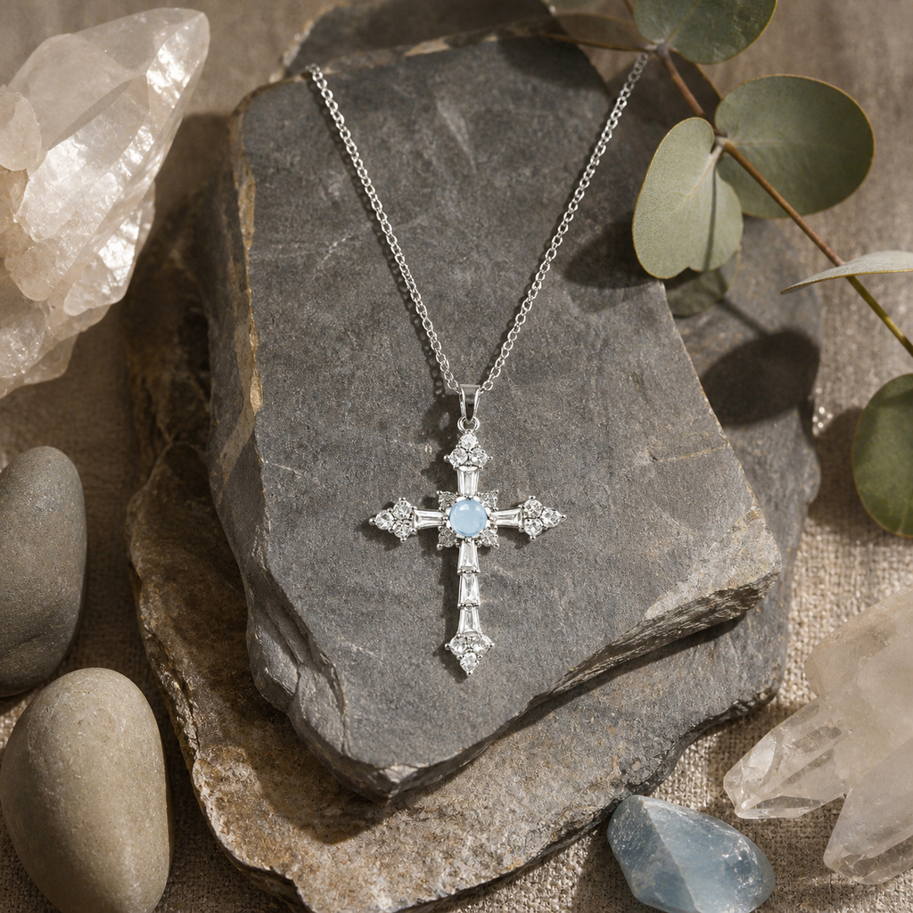 Natural Aquamarine Cross Pendant Necklace, Silver‑Plated Copper, Unisex Designer Handmade Fashion Gemstone Jewelry, Made To Order