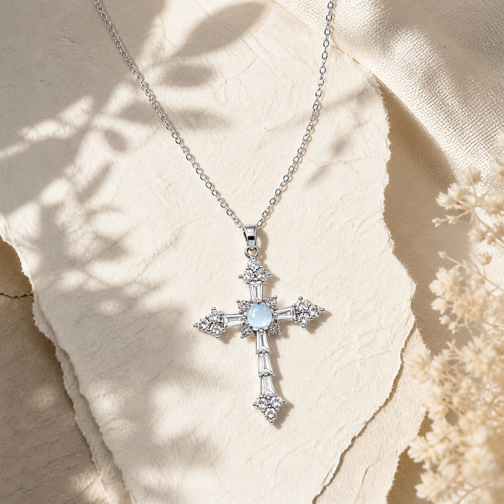 Natural Aquamarine Cross Pendant Necklace, Silver‑Plated Copper, Unisex Designer Handmade Fashion Gemstone Jewelry, Made To Order