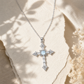 Natural Aquamarine Cross Pendant Necklace, Silver‑Plated Copper, Unisex Designer Handmade Fashion Gemstone Jewelry, Made To Order