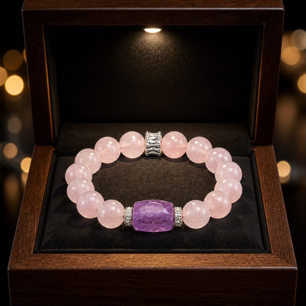 Genuine Natural Rose Quartz & Amethyst Beaded Stretch Bracelet, Hand‑Crafted Mixed Natural Gemstone | Made To Order