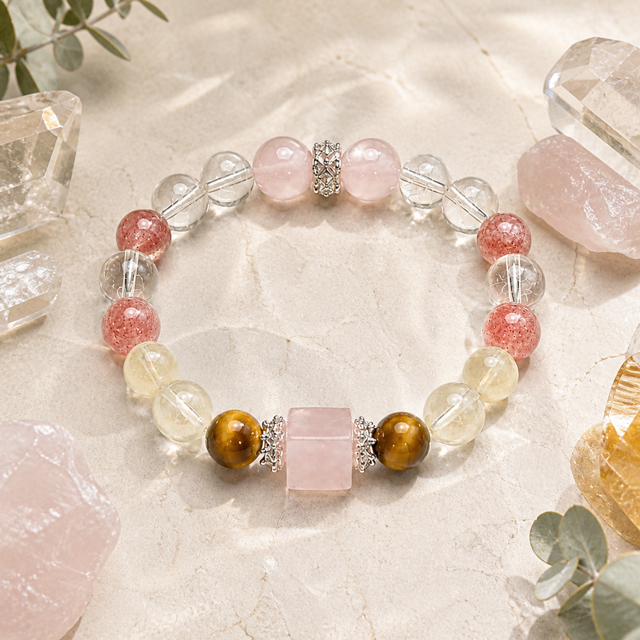 Natural Rose Quartz Cube Sugar Beaded Stretch Bracelet, Mixed Natural Gemstone | Made‑To‑Order Unisex Designer Bracelet