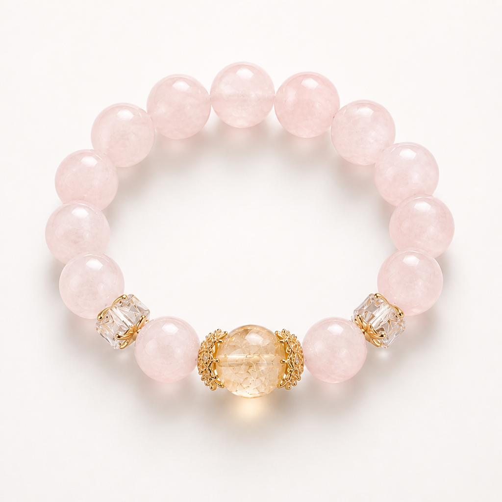 Genuine Peach Pink Natural Gemstone Beaded Stretch Bracelet, Hand‑Crafted Rose Quartz & Citrine | Made To Order