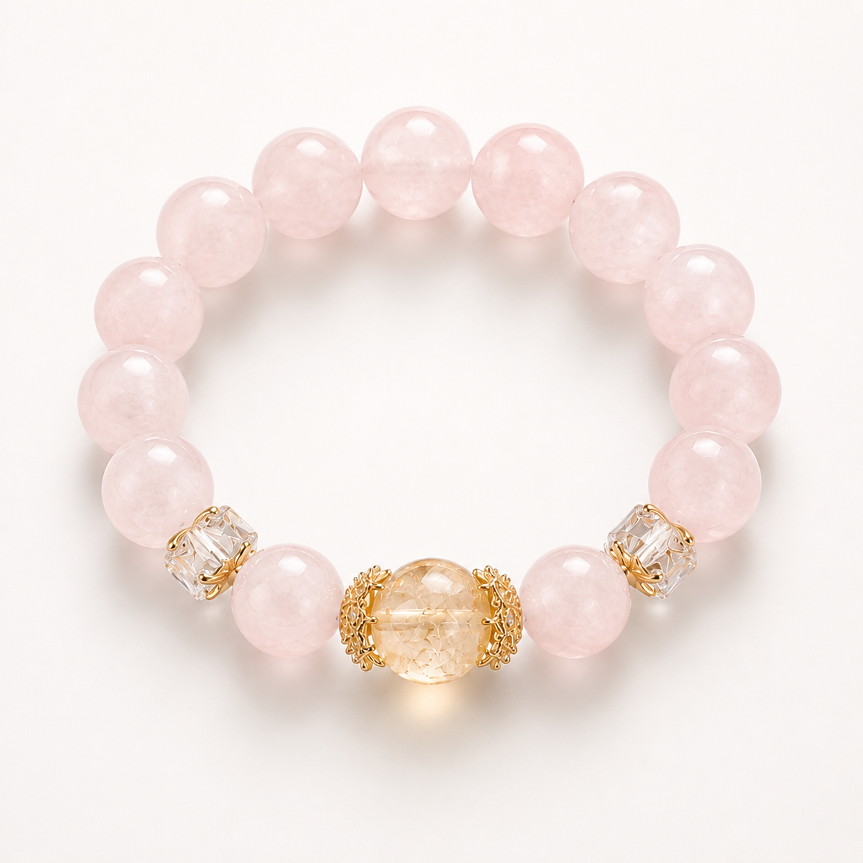 Genuine Peach Pink Natural Gemstone Beaded Stretch Bracelet, Hand‑Crafted Rose Quartz & Citrine | Made To Order