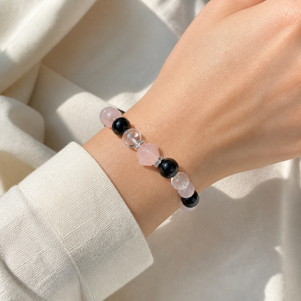 Natural Rose Quartz & Obsidian Beaded Stretch Bracelet  | Made to Order