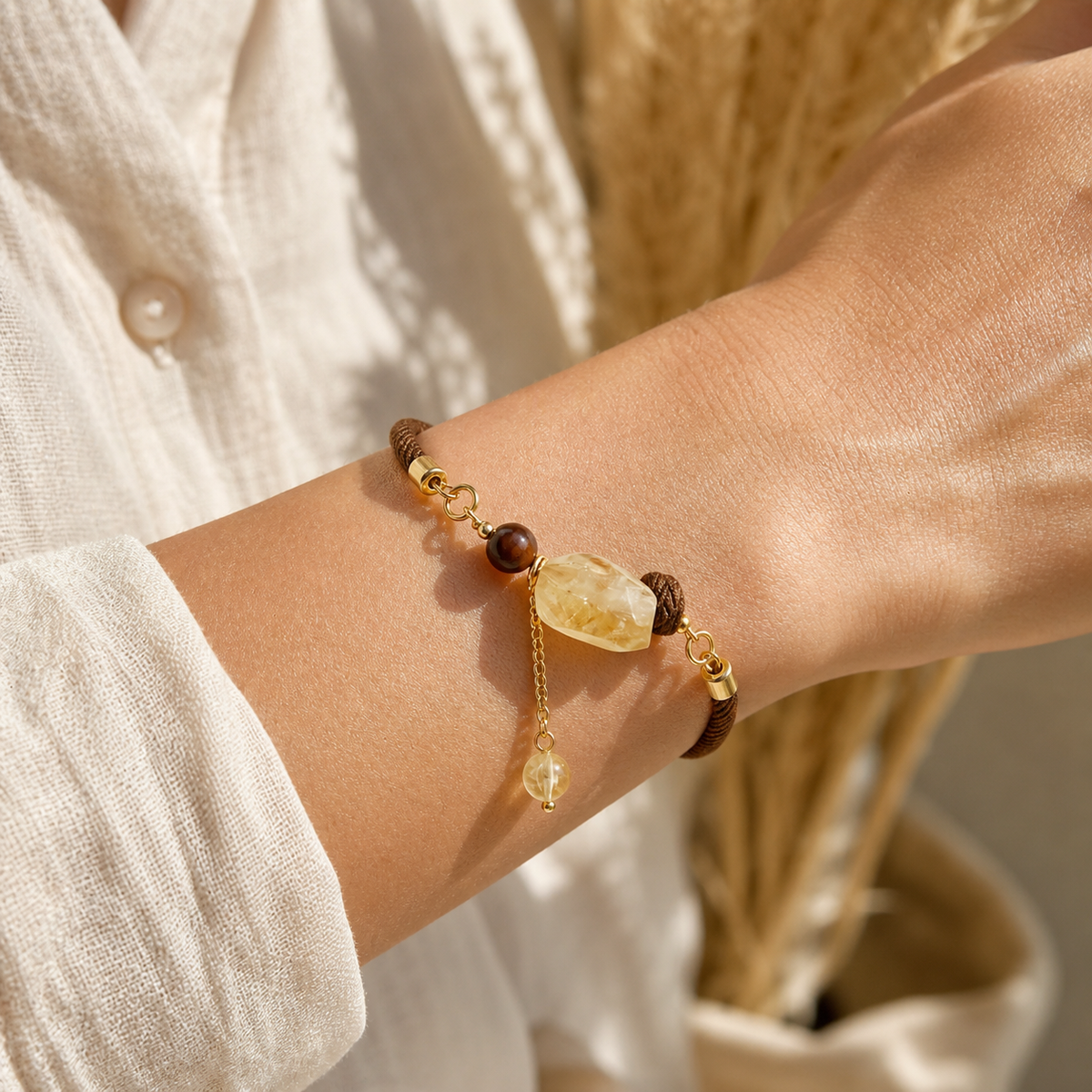 Genuine Raw Citrine Charm Cord Bracelet, Hand‑Tied Rough Natural Gemstone | Made To Order