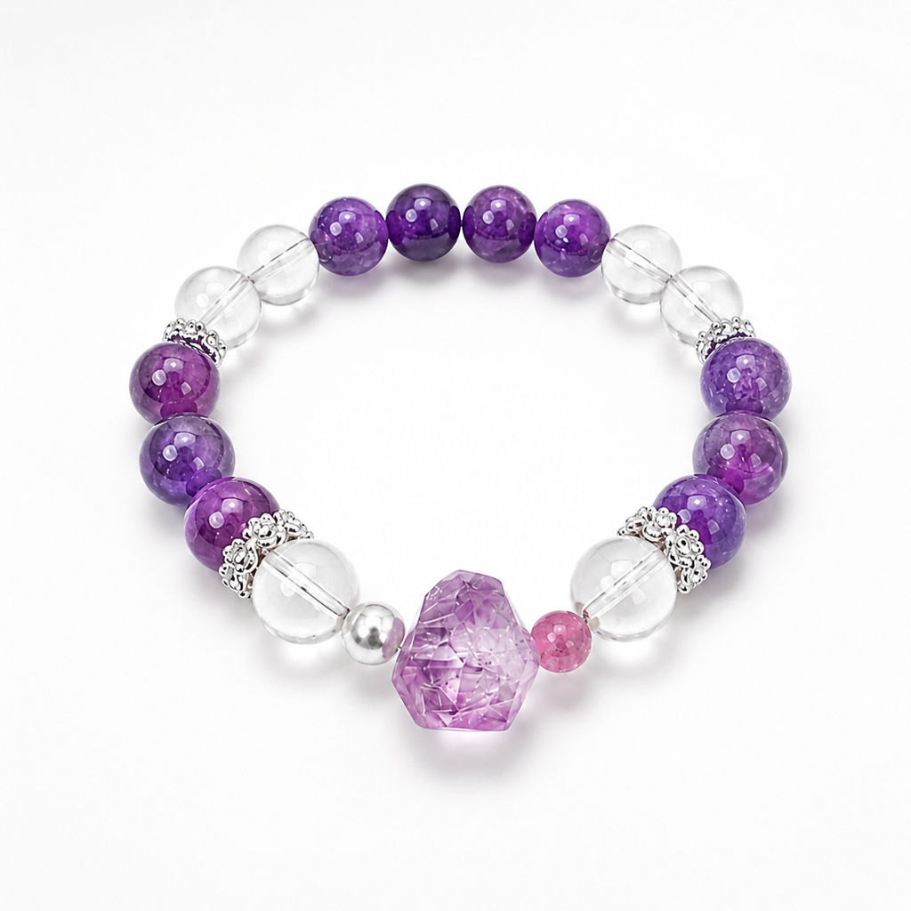 Genuine Natural Amethyst & Clear Quartz Beaded Stretch Bracelet, Hand‑Crafted Purple Crystal Gemstone | Made To Order