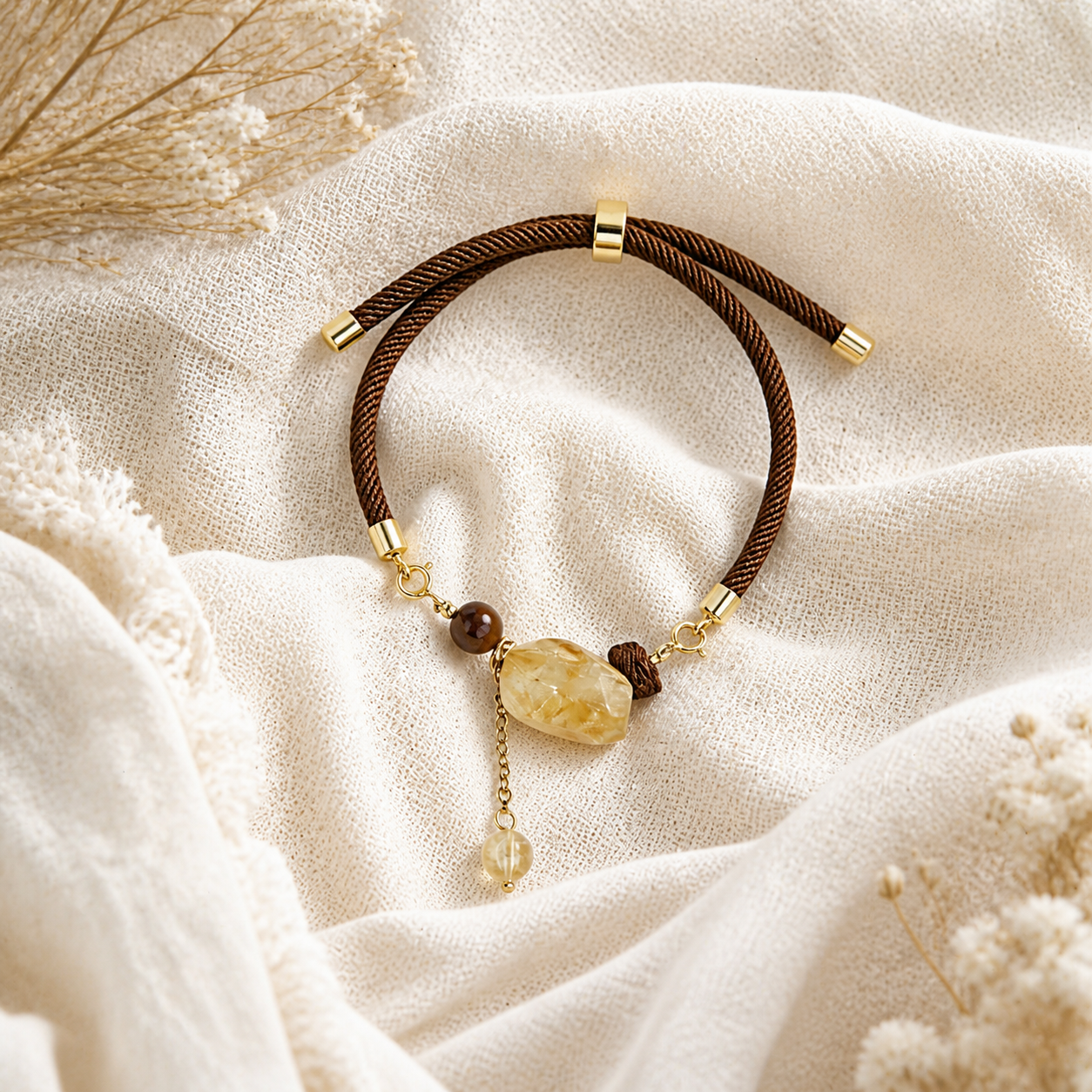 Genuine Raw Citrine Charm Cord Bracelet, Hand‑Tied Rough Natural Gemstone | Made To Order