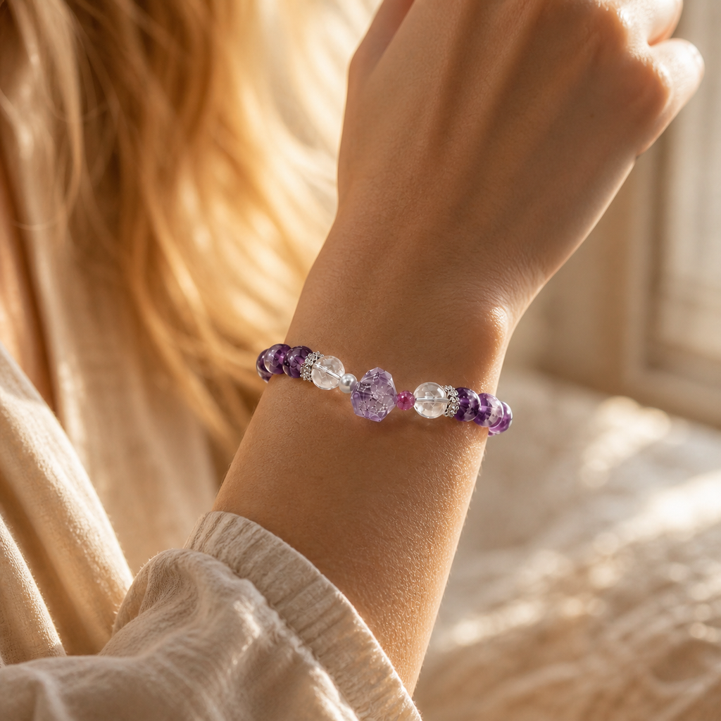 Genuine Natural Amethyst & Clear Quartz Beaded Stretch Bracelet, Hand‑Crafted Purple Crystal Gemstone | Made To Order