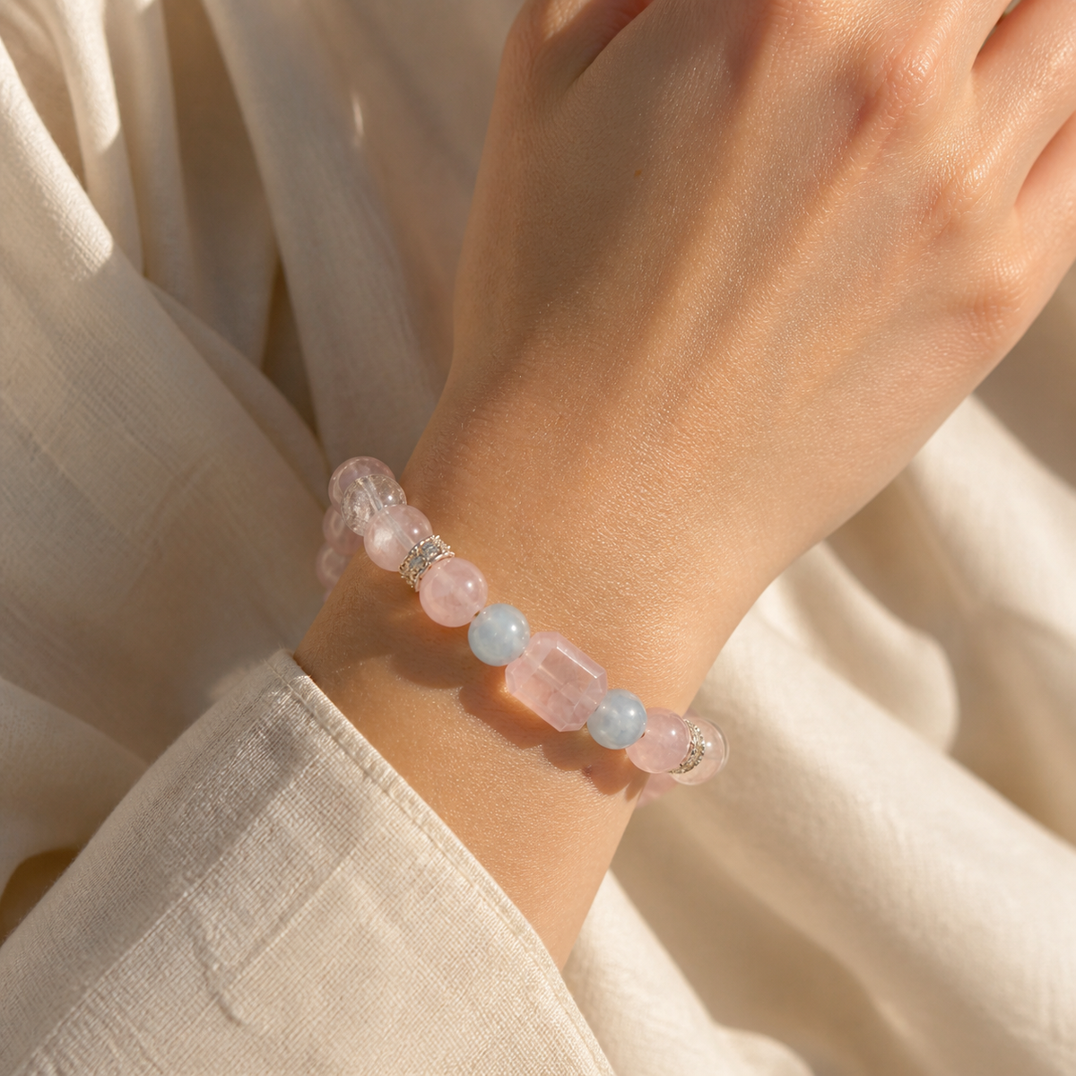 Genuine Icy Pink Natural Gemstone Beaded Stretch Bracelet, Hand‑Crafted Cool‑Tone Mixed Gemstone | Made To Order