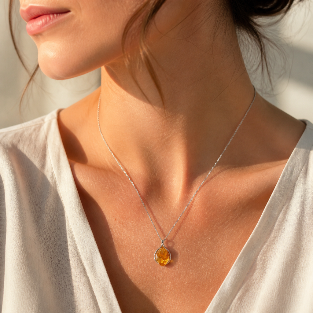 Certified Natural Citrine Drop Pendant Necklace, Silver‑Plated Copper, Designer Handmade Fashion Gemstone Jewelry, Made To Order