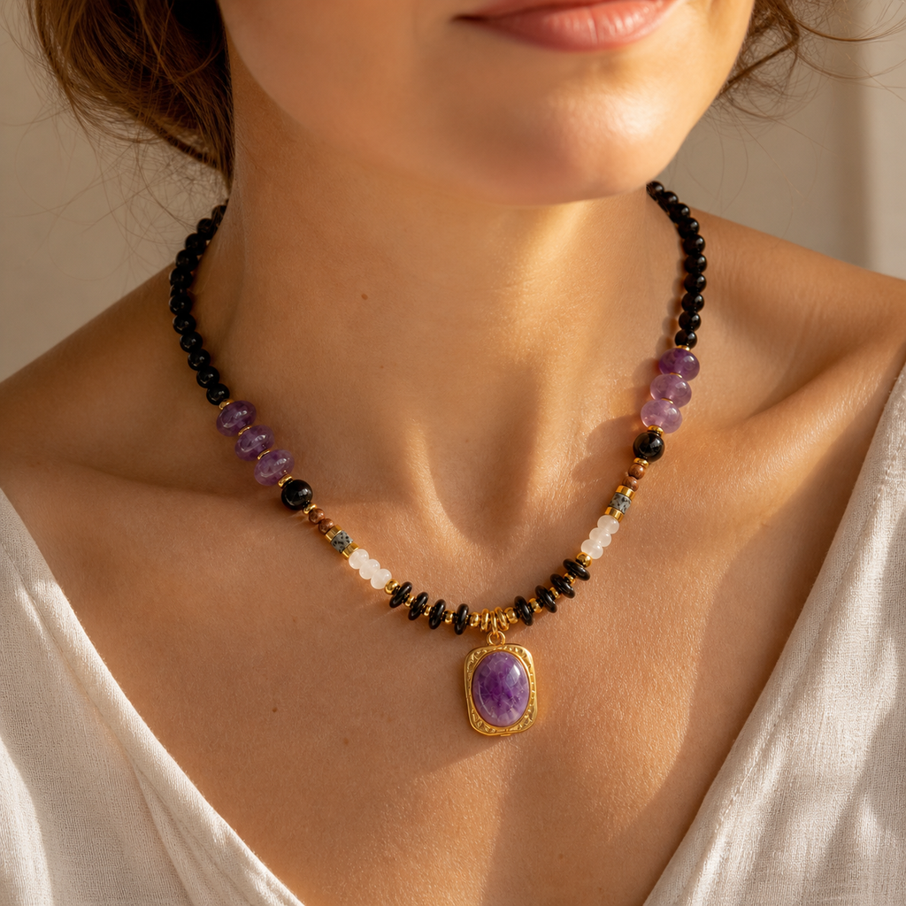 Handmade Natural Amethyst Beaded Pendant Necklace, Unisex | Made‑to‑Order