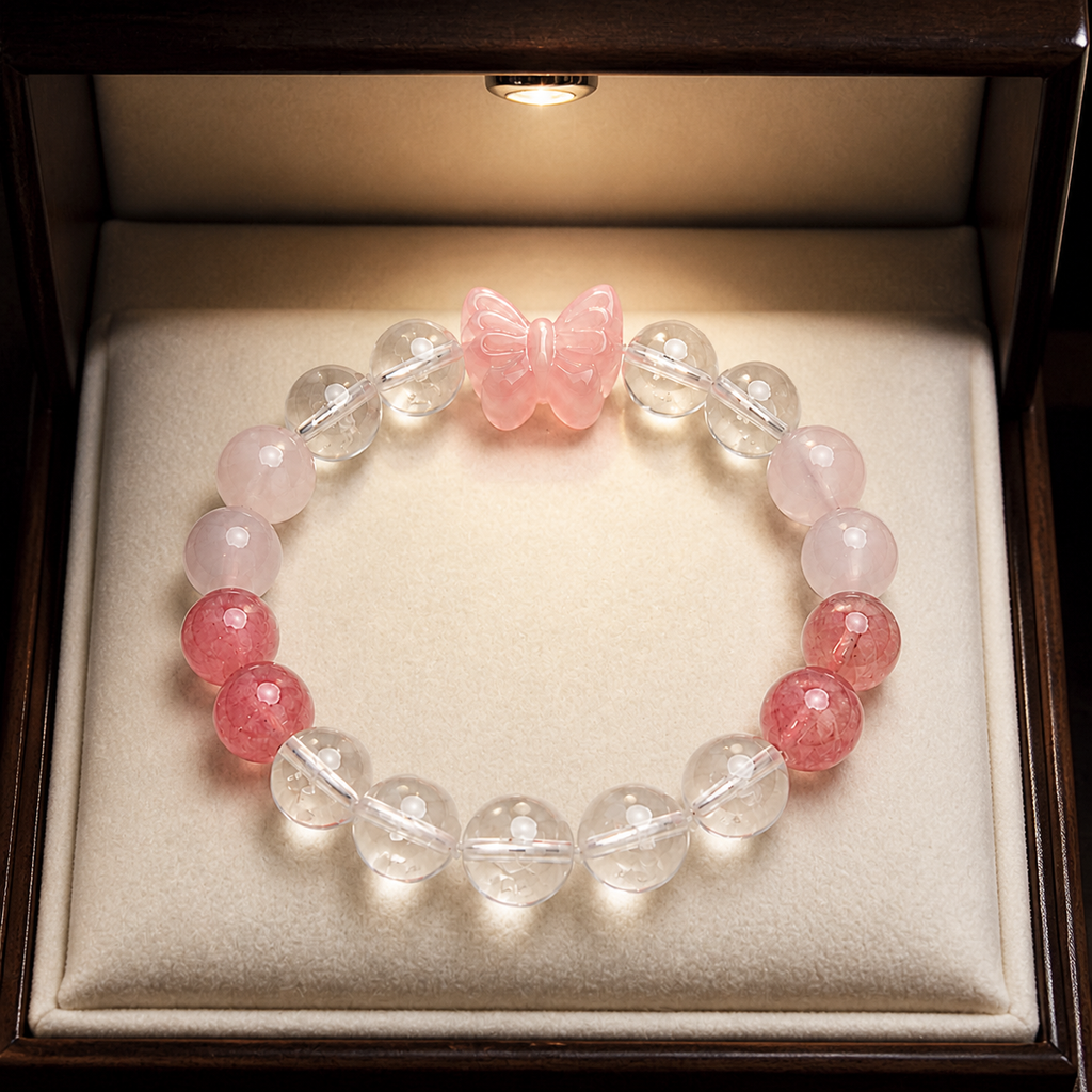 Genuine Rose Quartz Bow & Strawberry Quartz Beaded Stretch Bracelet, Hand‑Crafted Clear Quartz Mixed Gemstone | Made To Order