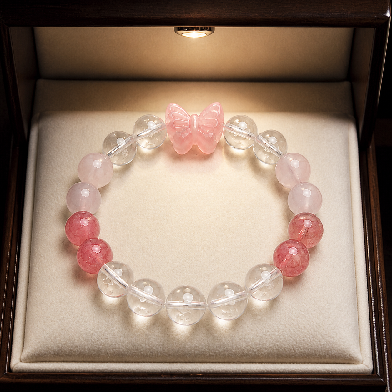 Genuine Rose Quartz Bow & Strawberry Quartz Beaded Stretch Bracelet, Hand‑Crafted Clear Quartz Mixed Gemstone | Made To Order