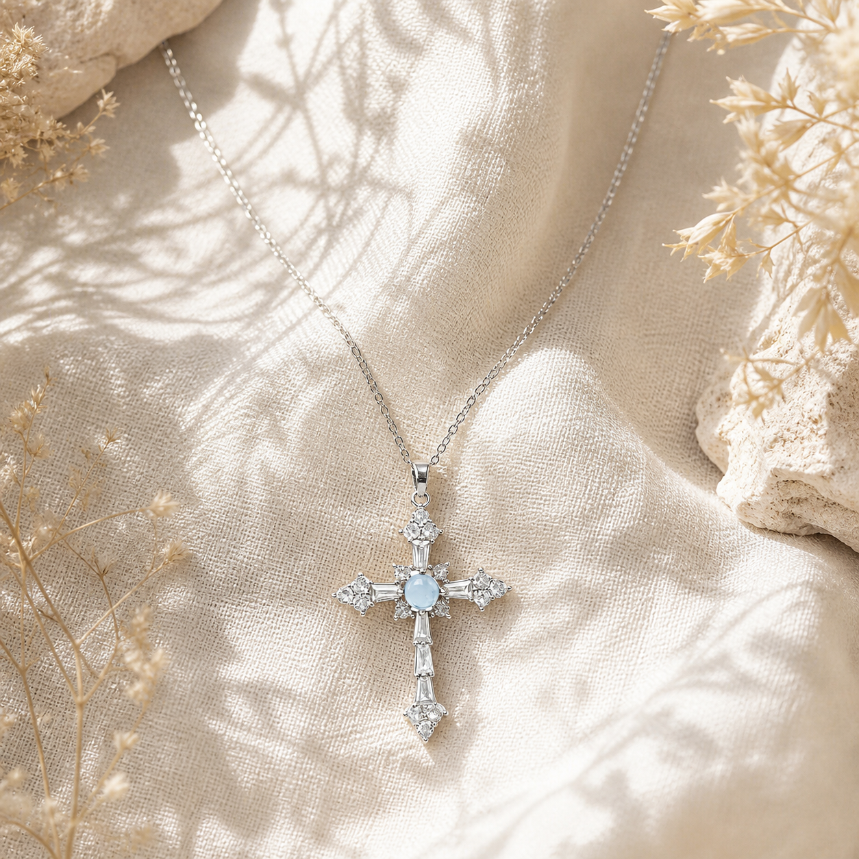 Natural Aquamarine Cross Pendant Necklace, Silver‑Plated Copper, Unisex Designer Handmade Fashion Gemstone Jewelry, Made To Order