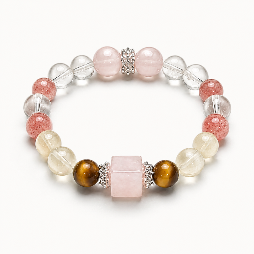 Natural Rose Quartz Cube Sugar Beaded Stretch Bracelet, Mixed Natural Gemstone | Made‑To‑Order Unisex Designer Bracelet