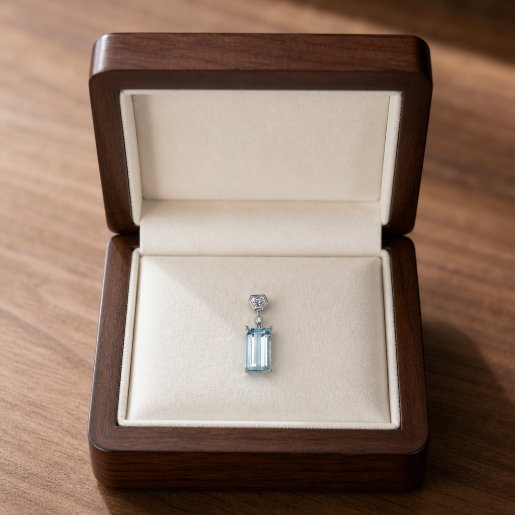 Natural Blue Topaz Geometric Halo Pendant Necklace – 925 Sterling Silver