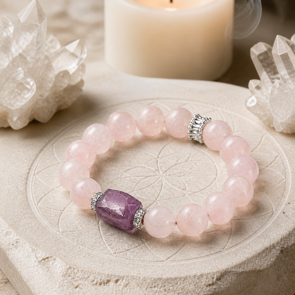 Genuine Natural Rose Quartz & Amethyst Beaded Stretch Bracelet, Hand‑Crafted Mixed Natural Gemstone | Made To Order