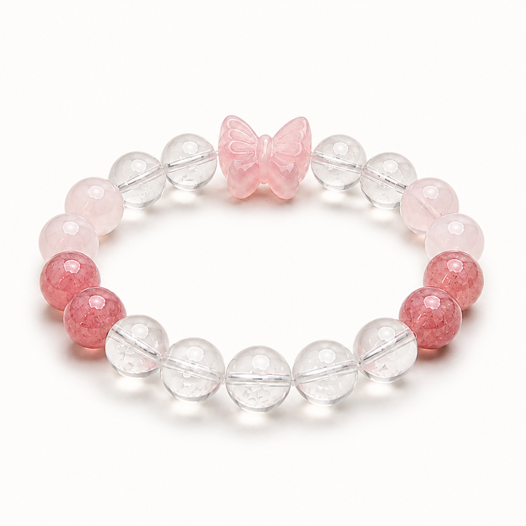 Genuine Rose Quartz Bow & Strawberry Quartz Beaded Stretch Bracelet, Hand‑Crafted Clear Quartz Mixed Gemstone | Made To Order