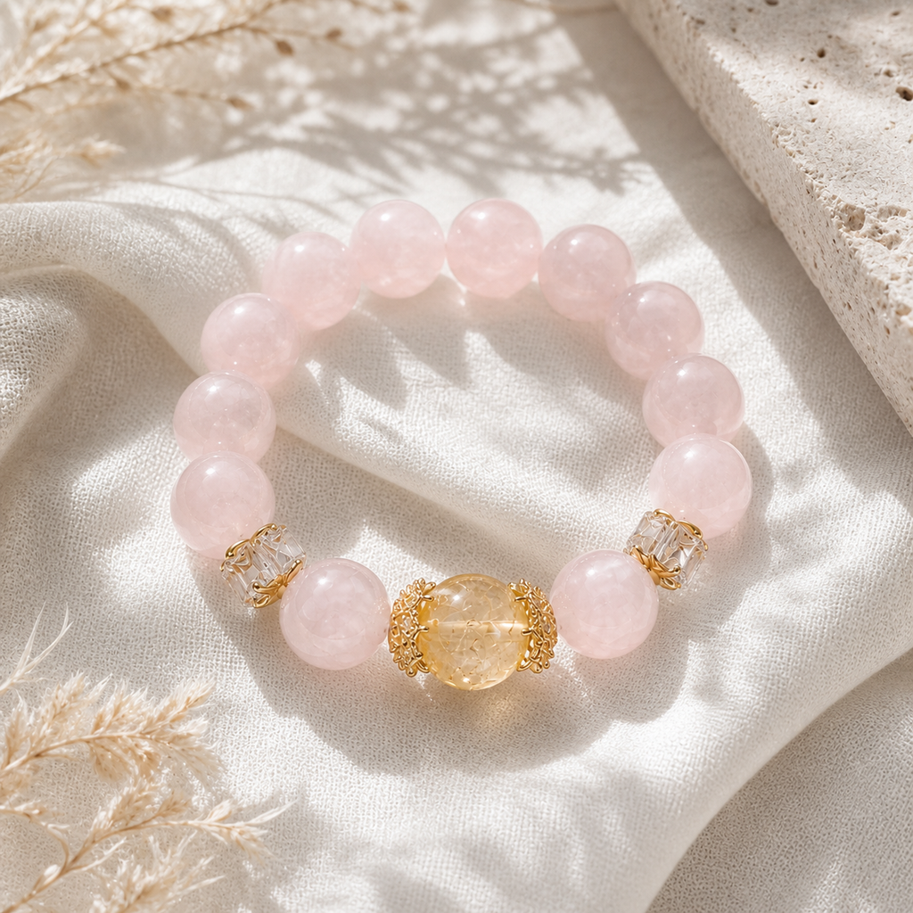 Genuine Peach Pink Natural Gemstone Beaded Stretch Bracelet, Hand‑Crafted Rose Quartz & Citrine | Made To Order