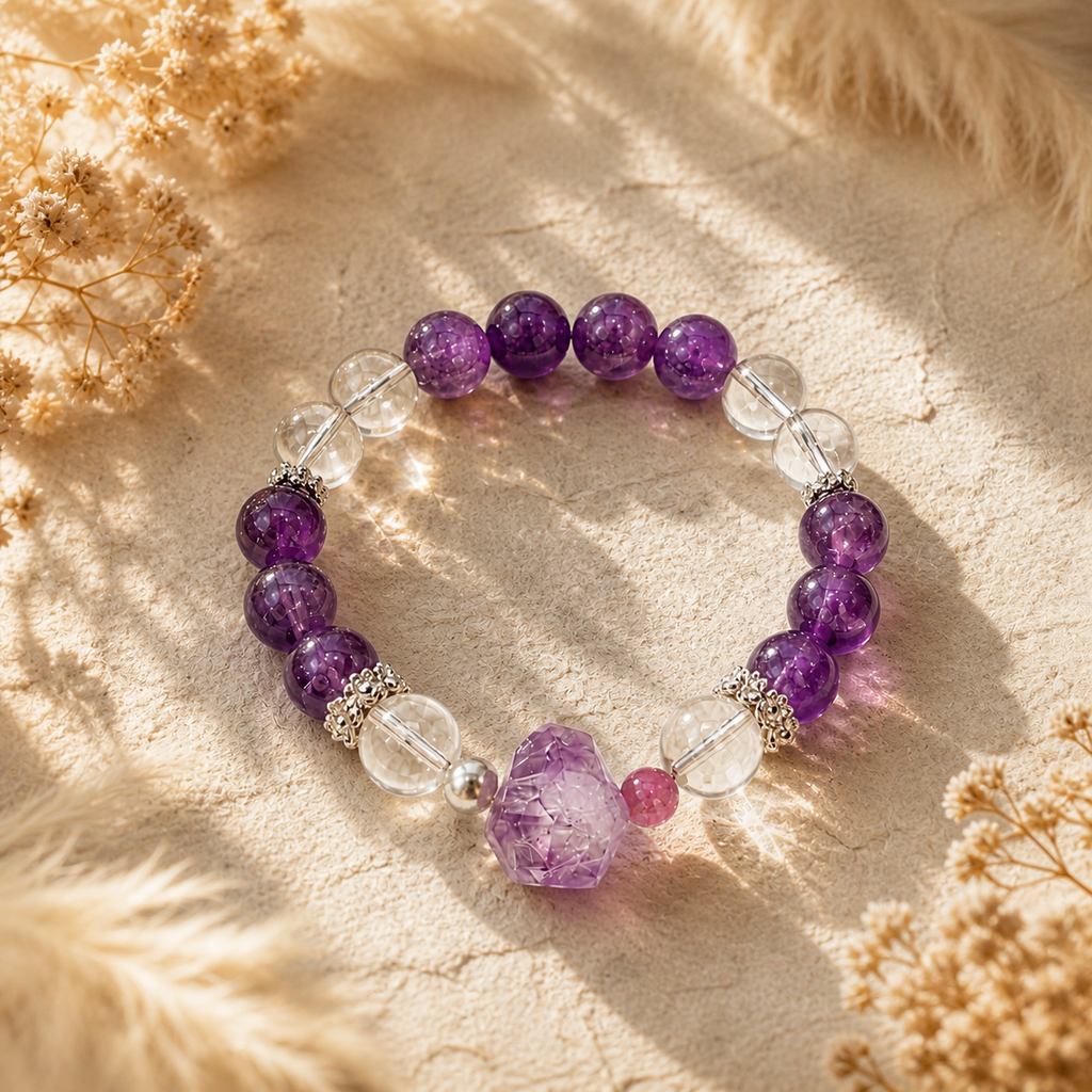Genuine Natural Amethyst & Clear Quartz Beaded Stretch Bracelet, Hand‑Crafted Purple Crystal Gemstone | Made To Order