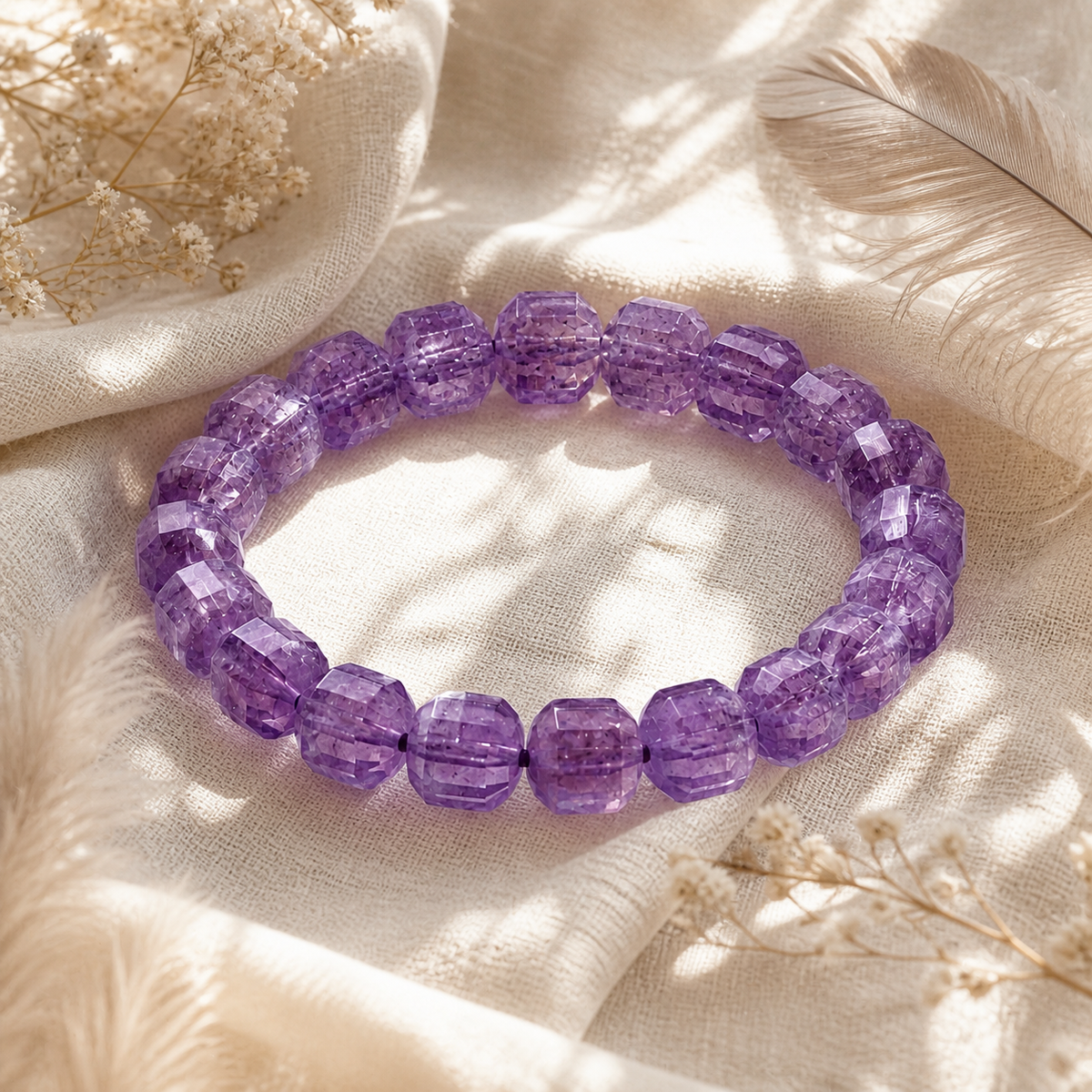 Natural Amethyst Square Cube Beaded Stretch Bracelet | Made to Order