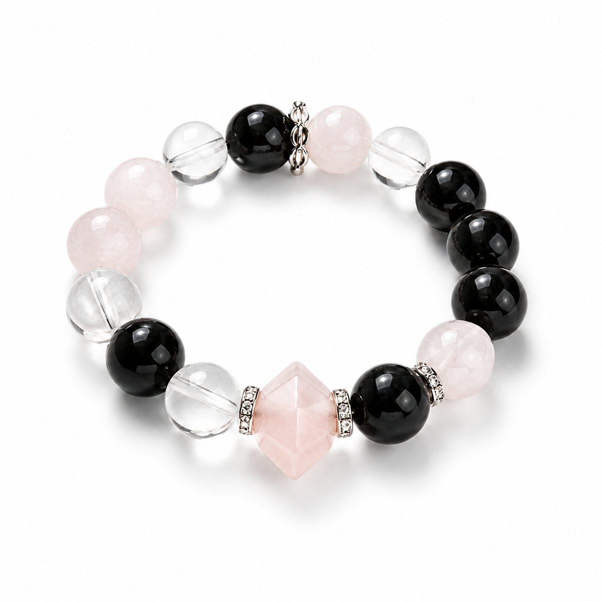 Natural Rose Quartz & Obsidian Beaded Stretch Bracelet  | Made to Order
