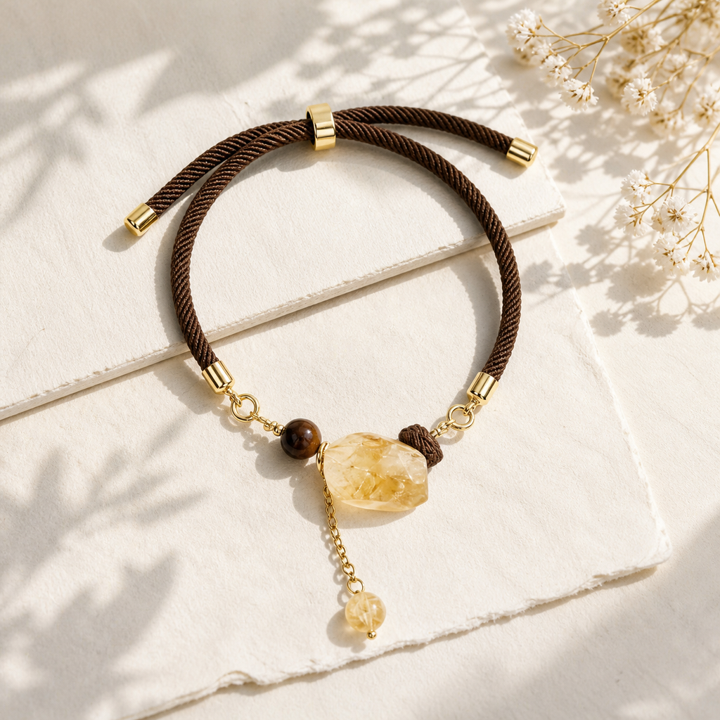 Genuine Raw Citrine Charm Cord Bracelet, Hand‑Tied Rough Natural Gemstone | Made To Order