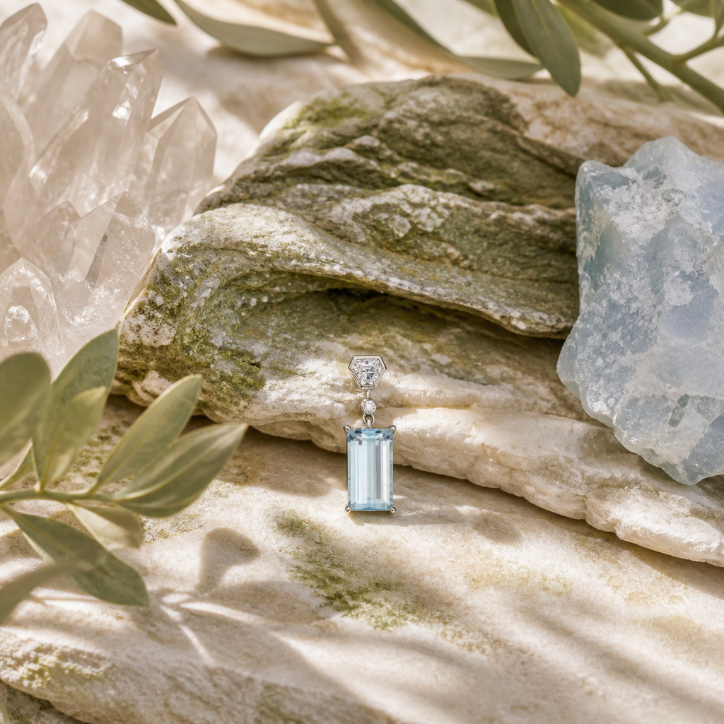Natural Blue Topaz Geometric Halo Pendant Necklace – 925 Sterling Silver