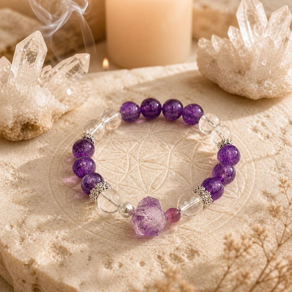 Genuine Natural Amethyst & Clear Quartz Beaded Stretch Bracelet, Hand‑Crafted Purple Crystal Gemstone | Made To Order