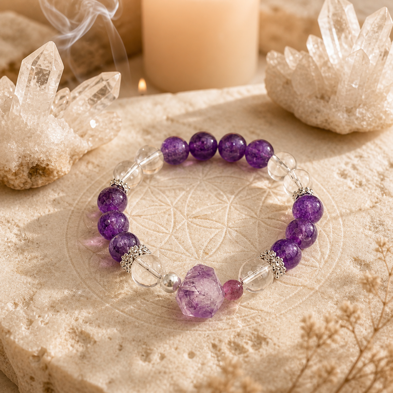 Genuine Natural Amethyst & Clear Quartz Beaded Stretch Bracelet, Hand‑Crafted Purple Crystal Gemstone | Made To Order