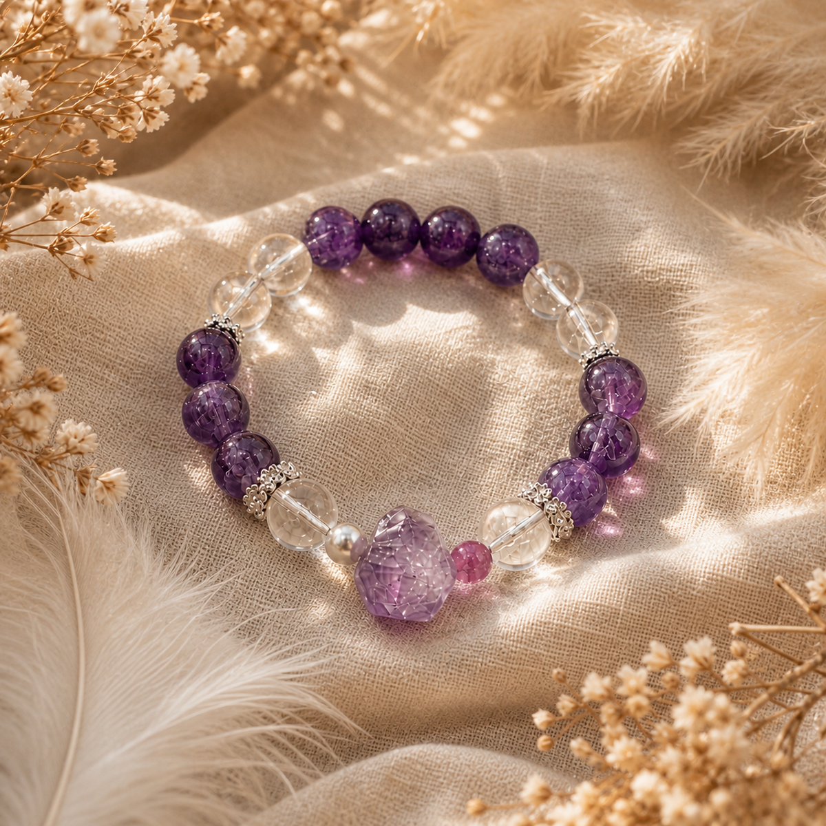 Genuine Natural Amethyst & Clear Quartz Beaded Stretch Bracelet, Hand‑Crafted Purple Crystal Gemstone | Made To Order