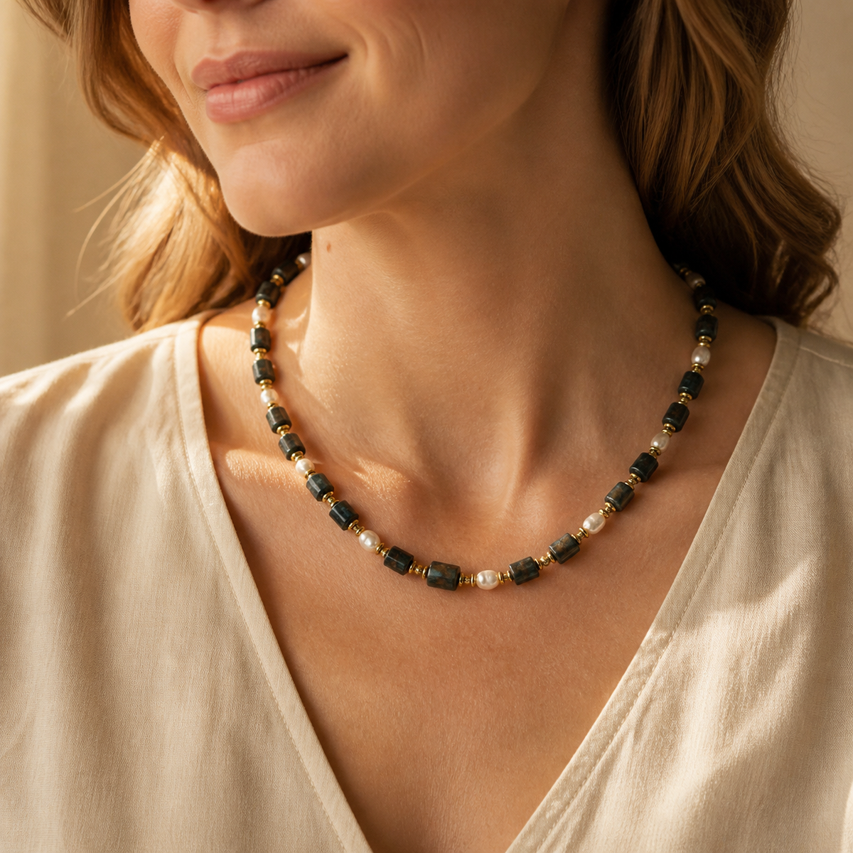 Handmade Natural Turquoise Agate & Pearl Beaded Necklace, Unisex | Made‑to‑Order